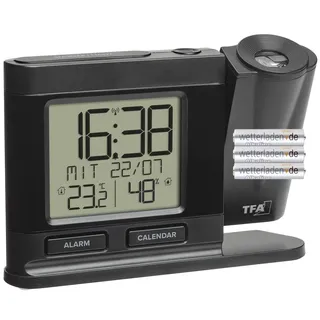 TFA Dostmann Projektionswecker Funk, 60.5017.01, Digitale Funkuhr, mit Netzteil, inkl Thermo-Hygrometer, dimmbar, Schlafzimmeruhr, schwarz, (L) 149 x (B) 38 x (H) 104 mm, schwarz mit Batterien