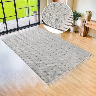 Bruno Banani Teppich »Dotty, In- und Outdoor geeignet« rechteckig 6 mm Höhe Woll-Optik, Hoch-Tief Struktur, mit Fransen, Balkon, Terrasse, grün