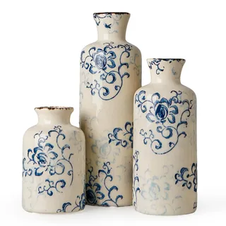 Vasen Set 3er für Moderne Tischdeko Wohnzimmer - Keramik Vase Weiß Blau im Landhausstil - Dekovase für Pampasgras & Trockenblumen - Vintage Blumenvase Modern für Regal, Fensterbank & Couchtisch Deko