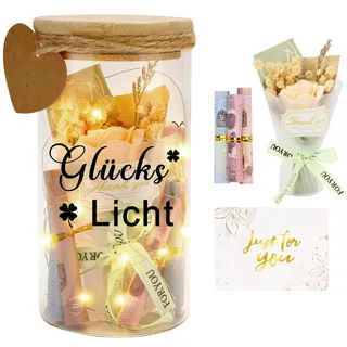Glückslicht Geschenkset zur Kommunion/Konfirmation/Taufe, Geburtstagsgeschenk für Frauen Freundin, Glück Spardose Geschenke LED Flaschenlicht mit Trockenblumen LED-Leuchten und Karten Geldgeschenk