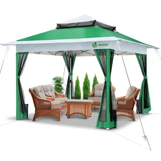 VOUNOT Pavillon Faltbar 3,6x3,6m, Pop Up Partyzelt mit Mesh Sides & Doppeldach, Faltpavillon Stabil mit Bein Gewichte & Roller Bag, Gartenpavillon Gartenzelt Grün