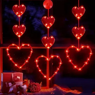 Valentines Day Window Lights, Valentinstag-Fensterlichter Dekorationen, Batteriebetriebene hängende rot beleuchtete herzförmige mit Saugnäpfen, Beleuchtete Herzen für Valentinstagsdekoration (B)