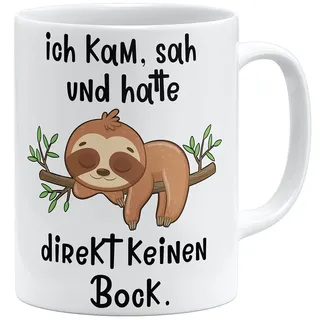 OM3® Ich kam, sah und hatte direkt keinen Bock - lustige Faultier Tasse mit Spruch - Keramik Becher - 11oz 325ml - Beidseitig Bedruckt - Weiss