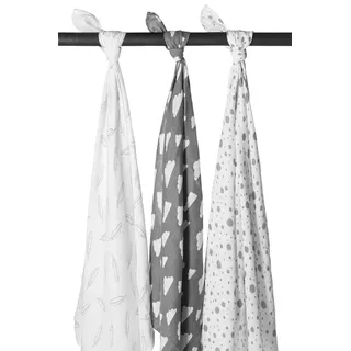 Meyco 451002 Mull/Musselin Pucktücher 3er Set 120x120cm, FEDER-WOLKE-DOTS Grau-Weiß