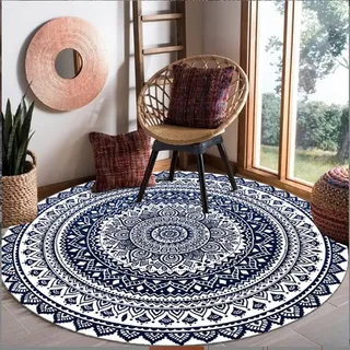 Tiamu Boho Teppiche, Rund Teppiche Flauschiger Kurzflor Teppiche, Wohnzimmerteppich, Waschbarer Teppiche Mandala Bedruckt Teppiche, ∅ 90cm, Schlafzimmer Teppiche mit Quasten, Teppiche Kinderzimmer