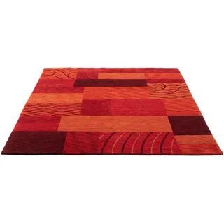 THEKO Wollteppich »Domas 4028« rechteckig 12 mm Höhe Kurzflor, reine Wolle, handgeknüpft, modernes Patchwork Design, rot