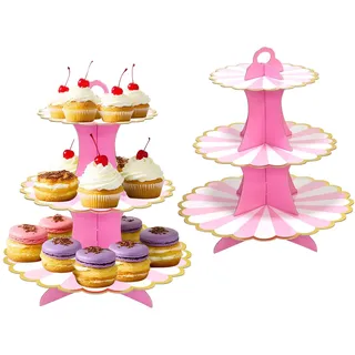 2 Stück Tortenständer aus Karton, 3 Etagen Cupcake Ständer Dessert Turm – Muffinständer für Hochzeit, Geburtstag, Party – Kuchenständer, Etagere für Brötchen, Käseplatte, Cupcakes(Rosa)