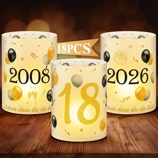 Anruzon 18Pcs Windlichter Tischdeko 18. Geburtstag - Deko 18. Geburtstag Mädchen Junge - Schwarz Gold Happy Birthday Tischdeko für Teelichter oder Kerzen