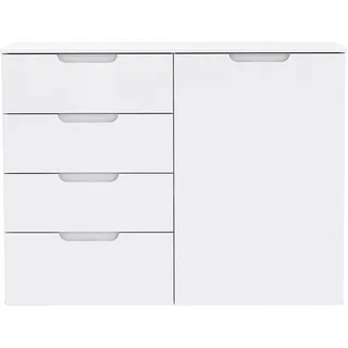 Forte Sienna Kommode mit 1 Tür und 4 Schubladen, Holzwerkstoff, Weiß/ Weiß Hochglanz, 109.9 x 34.1 x 84.9 cm