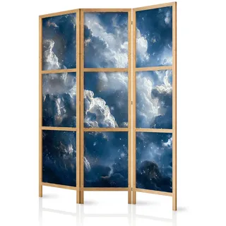 Muralo Paravent Japanischer 3-tlg 135x172 cm Wolken Und Sterne , Blau , Holz, Textil , Pinie , Galaxis , Rechteckig , 135x172x3 cm , Wohnzimmer, Raumteiler, Paravents