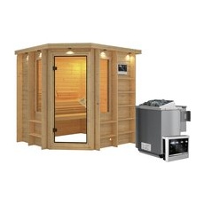 KARIBU Sauna »Libau«, inkl. 9 kW Bio-Kombi-Saunaofen mit externer Steuerung, für 3 Personen - beige