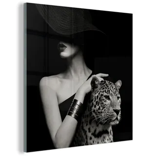 MuchoWow© Glasbilder Wohnzimmer Deko Modern Wandbild Kunstdruck auf Glas | 20x20 cm - Bild Schlafzimmer über Bett Room Decor Geschenke Frau - Leopard - Luxus - Schwarz - Weiß - Tier