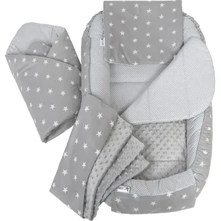 Medi Partners Babynest Nestchen Baby Set für Neugeborene - 100x60x15 Kuschelnest 5 teilig tragbar Nest zweiseitig Babynestchen Bett 100% Baumwolle (Sternen mit graue Minky)