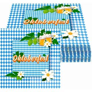Oizemori 40 Stück 33x33 cm, Oktoberfest Servietten Blau Weiß, Oktoberfest Deko Set mit Papptellern und Bechern, traditionelle bayrische Dekoration im Rautenmuster für Bierfest Party