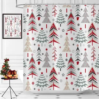 Duschvorhang Weihnachten 180x200, Hnmdmyi Bunte Weihnachtsbäume Sterne Winter Schneeflocke Urlaub Bauernhaus Badewanne Vorhang Wasserdicht Polyester Stoff Waschbar Badevorhang für Badezimmer mit Haken