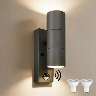 YOVGQOLV PIR Außenlampe mit Bewegungsmelder Up and Down 230V GU10 | Edelstahl Wandlampe Aussen mit 2×5W GU10 Glühbirne(3000 K),IP54 Wasserdichte LED Aussenleuchten Hauswand,1Stück-Anthrazit