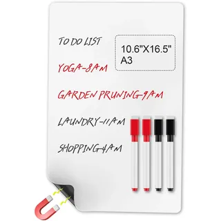 elzle A3 Magnettafel Kühlschrank mit 4 Whiteboardstift, 27x42cm Magnetische Whiteboard Folie für den Kühlschrank, Magnettafel für Büro Schule Zuhause Küche
