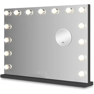 Bayt Schminkspiegel mit Beleuchtung 58x46 cm – Hollywood Kosmetikspiegel Schwarz | Tischspiegel Dimmbar mit 18 LED Lampen, 3 Lichtmodi & 10-Fach Vergrößerungsspiegel | Standspiegel für Schminktisch