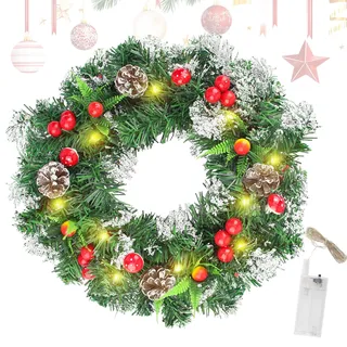 GZGXKJ 40cm Türkranz Weihnachten LED Weihnachtskranz für Tür Reine Handgefertigte Adventsfestkranz mit Beeren Schneeflocken Bedecken Weihnachtsdeko Kranz für Weihnachten Decorations