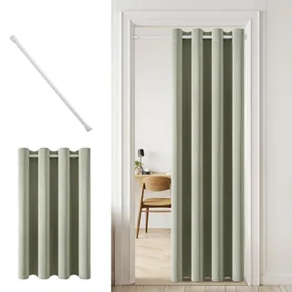 MIULEE blickdicht Türvorhang mit Teleskopstange,ohne bohren einfache Montage, 1 Stück Salbei Grün tür vorhang innen H 200 x B 150 cm für Zimmer tür, Weiß Stange B 70-130 cm, für schrank küchen vorhang