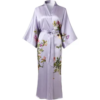 Ledamon Damen-Kimono-Bademantel aus Seide, 100 % Seide – Klassischer Blumen-Morgenmantel und Nachthemd (Hellviolett)