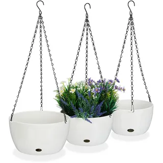 Relaxdays Blumenampel mit Wasserspeicher, Set, 3 Größen, Selbstbewässerung, außen & innen, hängender Blumentopf, weiß, Kunststoff, 67 x 28,5 cm