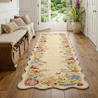 Beauoop Teppich Läufer Flur 60x240 cm Beige Waschbar Blumen Wellenrand | Vintage Kurzflor Weich Rutschfest Küchenteppich Bettvorleger Schlafzimmer Wohnzimmer Eingangsbereich Landhausstil Kitchen Rug