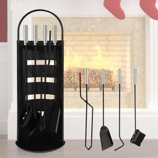 ISOISL Kaminbesteck, 5-teiliges Kaminbesteck Set, Kamingarnitur mit Besen, Schaufel, Eisenhaken, Feuerzange, Ständer, Ofenbesteck, Kaminzubehör mit Edelstahlgriffe und Leichentuch, Modern Design