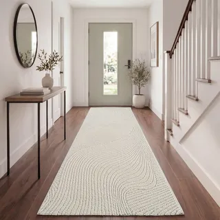 Paco Home Moderner Wohnzimmer Teppich Kurzflor Skandinavisch Japandi Stil Panglao Einfarbig Hoch-Tief-Effekt Abstraktes Muster 3D Effekt weicher Flor Creme - Wellen, Größe:80x250 cm