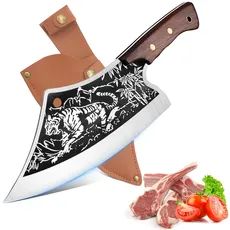 iPatio Japanisches Messer Küchenmesser Profi Messer, Original Japanisches Kochmesser im Damaststahl, Hackmesser Ausbeinmesser mit Lederscheide, Küchenmesser Outdoor Messer für Küchen Camping BBQ