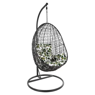 Hängesessel-Set mit Gestell und Kissen, Korbsessel, Poly-Rattan (Gestell- und Korbfarbe: dunkelgrau, Kissen: weiß/grün) - Dunkelgrau, Weiß, Grün