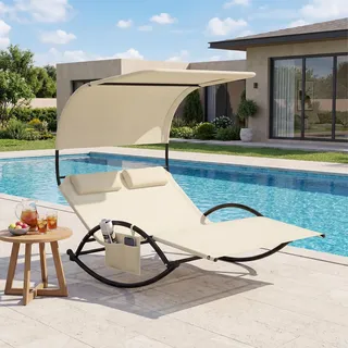 SoBuy Schaukelliege Kunstfasergewebe 140 x 184 x 180 cm Grau/Beige mit Kissen und Rollen