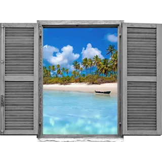 Queence "Strand mit Palmen", Wandsticker, Wandbild, selbstklebend, 3D, Fenster,