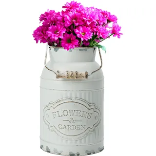 Belle Vous Weiße Rustikale Deko Blumenvase aus Metall - D12,8 x H20,5 cm - Galvanisierte Milchkanne Deko Vase im Shabby Chic Vintage Stil - Deko Landhausstil Vase für Haus- & Garten Tischdeko