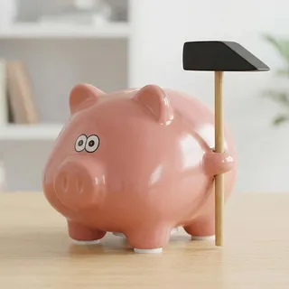MIJOMA Spardose Schwein mit Hammer aus Keramik 11 x 9 cm witzige Sparbüchse mit Stopfen niedliches Sparschwein aus Dolomit Geschenkidee für Erwachsene