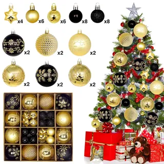44 STK Weihnachtskugeln Kunststoff, Christbaumkugeln Weihnachtsbaumkugeln Set, Personalisierte Weihnachtskugeln Gold schwarz, Weihnachtsbaumschmuck Kugeln, Weihnachtsdeko Außen Innen