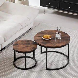 GrandCA HOME Couchtisch 2er Set,Stapelbarer Couchtisch, Couchtische Rund, MDF-Tischplatte, Schwarze Tischbeine aus Edelstahl,Geeignet für Wohnzimmer, Esszimmer(Ø60 x 45H cm,Ø40x35H cm,Dunkle Eiche)