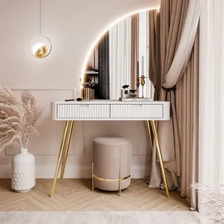 Schminktisch ZAIRA-QS mit LED Spiege Weß Linke schräge gold Chrom Beine - Weiß, Gold