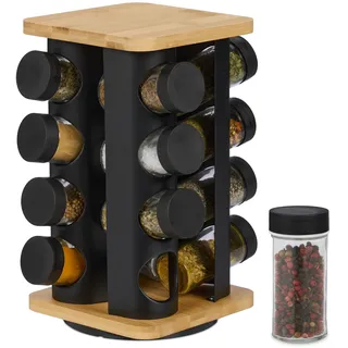 Relaxdays Gewürzkarussell, 16 Gewürzgläser, 360° drehbar, Edelstahl, Bambus, Glas, HxBxT: 28 x 20 x 20 cm, schwarz/Natur
