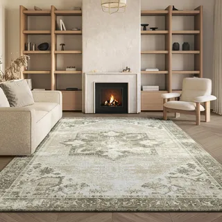 SAFAVIEH Traditionell Teppich für Maschinenwaschbar und rutschfest - Ideal für stark frequentierte Bereiche - Tucson Collection, Kurzer Flor, Salbei und Elfenbein, 200 X 300 cm
