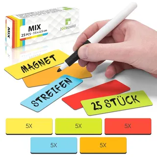 2DOBOARD Magnetstreifen beschreibbar - 7,5 cm x 2,5 cm Bunt - 25 Stück - Magnetschilder zum beschriften – Für Kühlschrank, Whiteboard & Tafel - Magnetetiketten