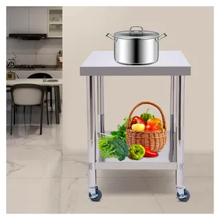 Edelstahltisch für Prep & Work - Klappbarer Küchentisch auf Rädern für Küche, Hotel, Café, 2-stufiger Servierwagen mit 300 kg Tragkraft, silberne Arbeitsfläche 60×60 cm, einfache Montage