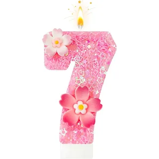 Koboko Rosa Kerze 7 Geburtstag Mädchen, Blumen Geburtstagskerze 7 Kuchen Deko Mädchen, Geburtstagskerzen Zahlen 7 Rosa, Pink Blumen Geburtstagskerzen Kuchen Zahlen 7, Kerze 7. Geburtstag Tortendeko