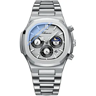 JewelryWe Herrenuhr Quadratische Chronograph Uhr: 30m Wasserdicht Analog Quarz Leuchtende Armbanduhr Herren Silber Edelstahl Band Multifunktionale Uhr mit Kalender, Stoppuhr, Tag- & Nachtanzeige