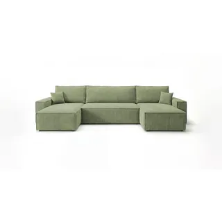 Cornero Wohnlandschaft California Mini U-Form hellgrün Cord Poso 47 - Schlaffunktion, Bettkasten , Hellgrün , Textil , Echtholz,Buche , 312x85x142 cm , Wohnzimmer, Sofas & Couches, Wohnlandschaften, Wohnlandschaften in U-Form