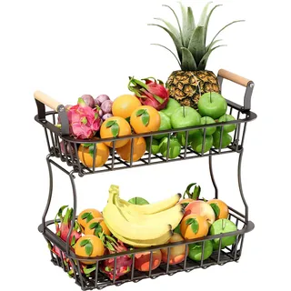 Relaxdays Obstkorb 2-stöckig, Obstschale für die Küche, Metallkorb für Obst und Gemüse, Griffe, Metall & Holz, schwarz