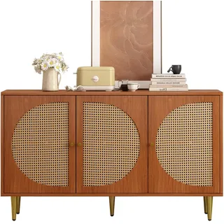 Flieks Sideboard, 3 Rattan Türen, Metallgriffe, Nussbaum, 129.8x40x76cm , Walnussfarben , Holzwerkstoff , 40x76x129.8 cm , Kleinmöbel, Kommoden, Sideboards