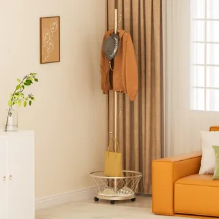 Neohomee Garderobenständer Metall Kleiderständer Stabil mit 6 Haken, Hängekorb, Räder Gold Garderobe für Mäntel, Jacken, Taschen