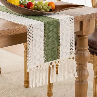 Tischläufer Grün Boho Tischdeko Outdoor Tischläufer mit Quasten Makramee Landhausstil Küche Esstisch Dekoration 30 x 180 cm für Drinnen Draußen Urlaub Party Tisch Deko