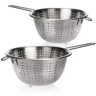 COM-FOUR® 2x Küchensieb aus Edelstahl - klassisches Nudelsieb mit Griff - rundes Abtropfsieb zum Waschen von Obst, Gemüse und Salat (2 Stück - Griff)